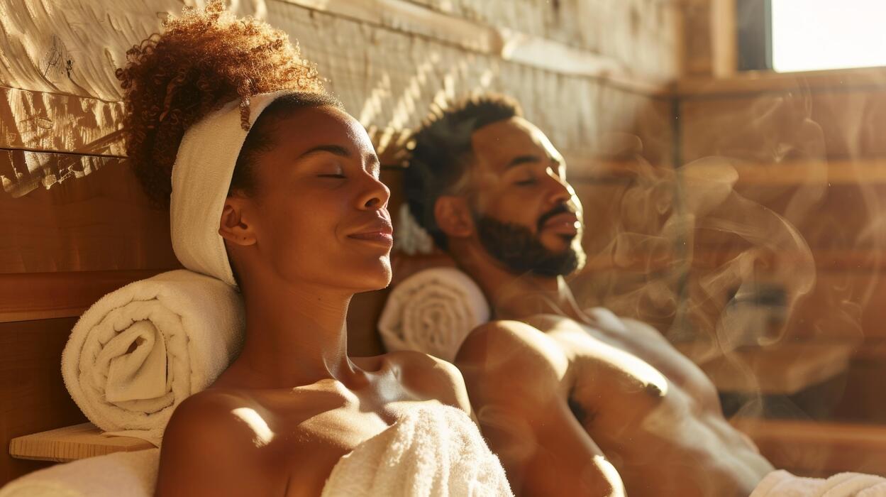 a-couple-relaxing-in-the-sauna-with-separate-seats-and-towels-to-maintain-personal-space-and-hygiene-photo